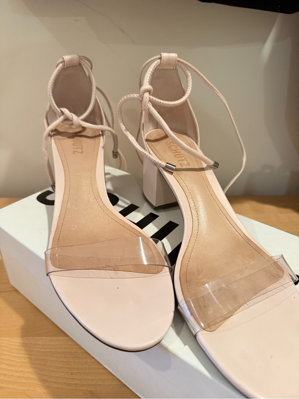 SCHUTZ Pale Pink Block Heel Sandals with Clear Toe Strap